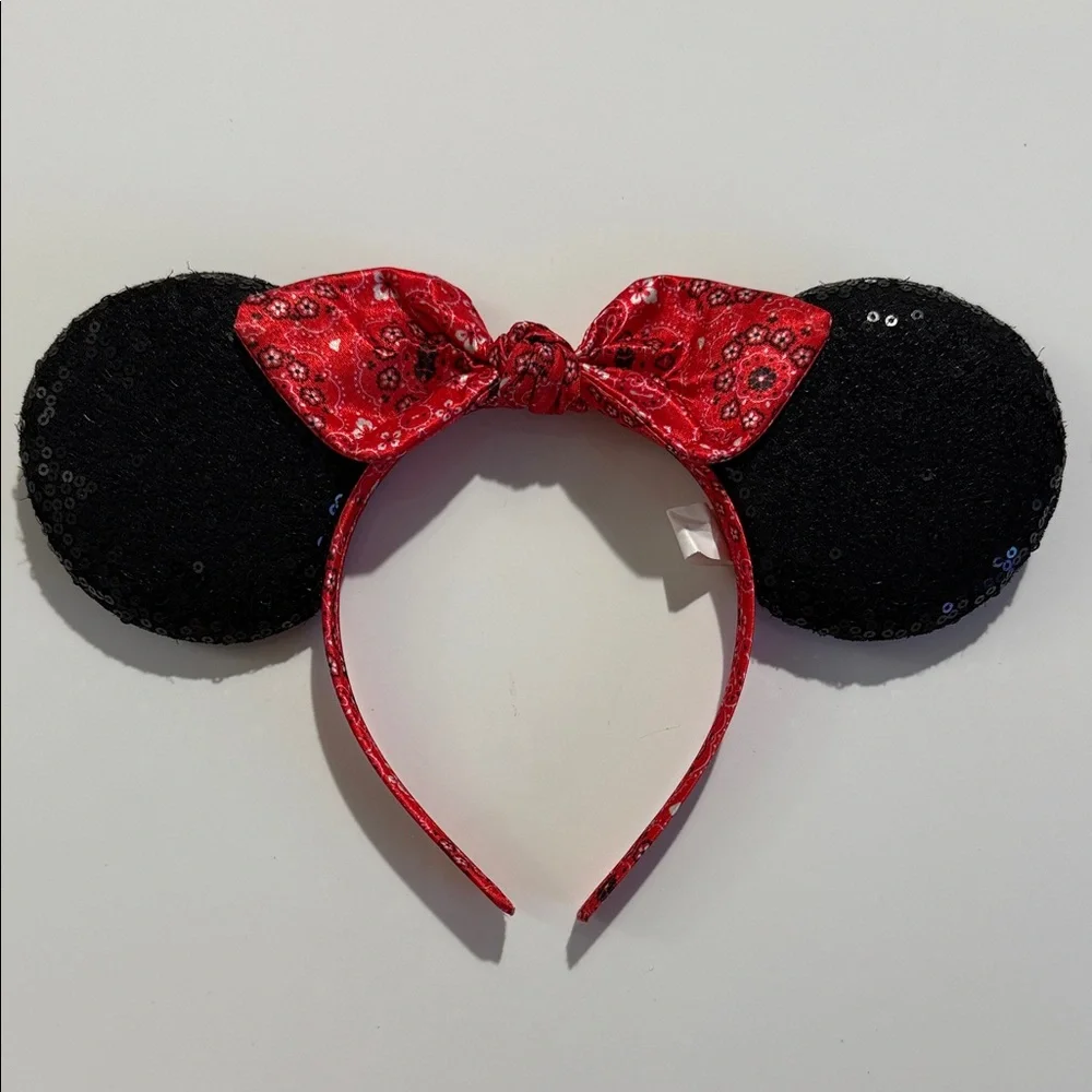 Disney Black Sequin Minnie Ears Headband with Red Bandana Bow